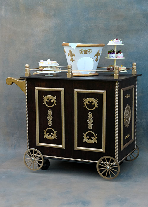 Beauty and the Beast Cakes for Chips trolley costume hire mobile on wheels climb inside to play Chip